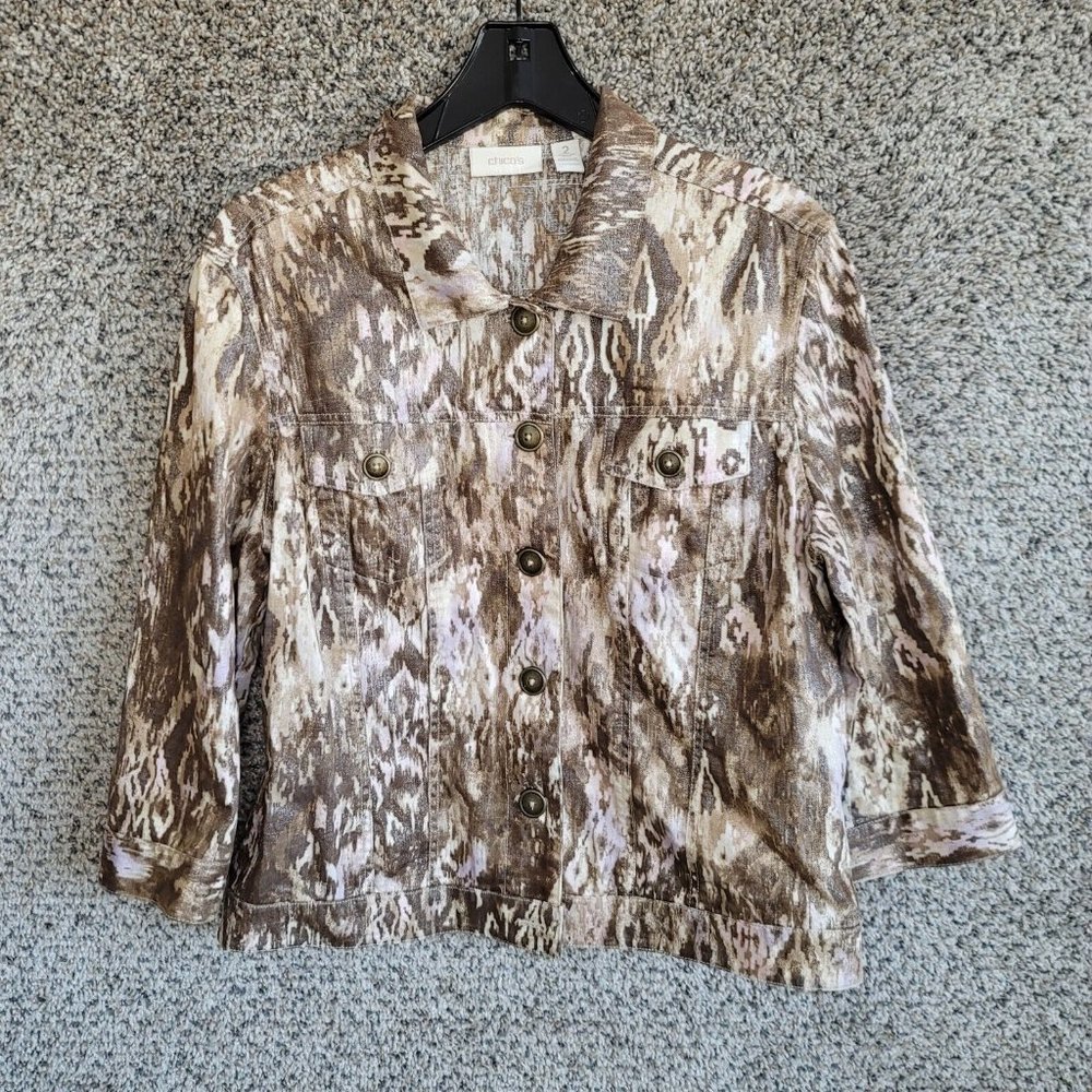 Chicos Jacket‎ Womens 2 US Large Beige Pink Button Linen Blend Collared Ladies